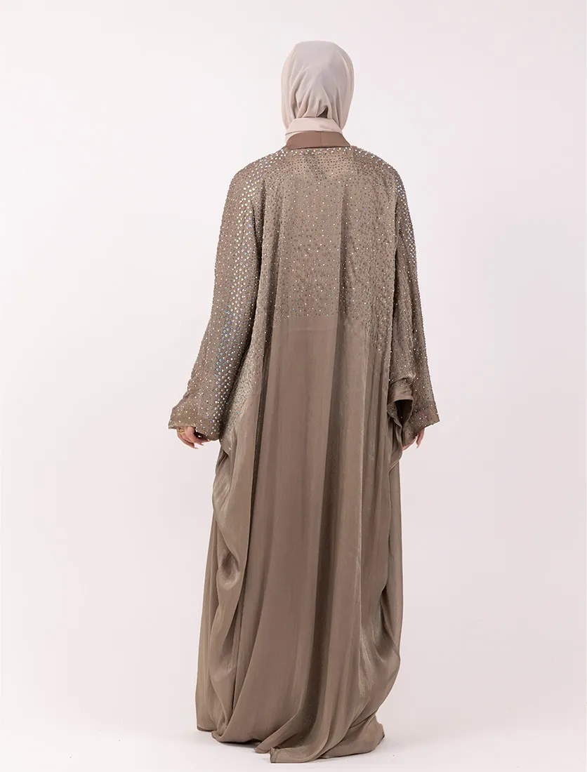 Mocha Sparkle Crystal Embellished Sheer Overlay Abaya